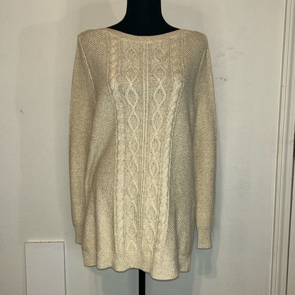 Crown & Ivy Women's L/S Sweater, Ivory w/gold accents Size L